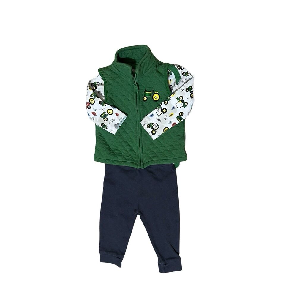 John Deere Baby Tractor Outfit 9-12 Months 3 Piece Bodysuit Vest Pants Green Nav